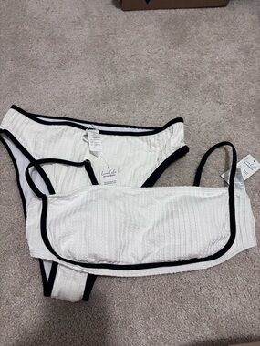 White Ribbed Bikini Set with Black Trim